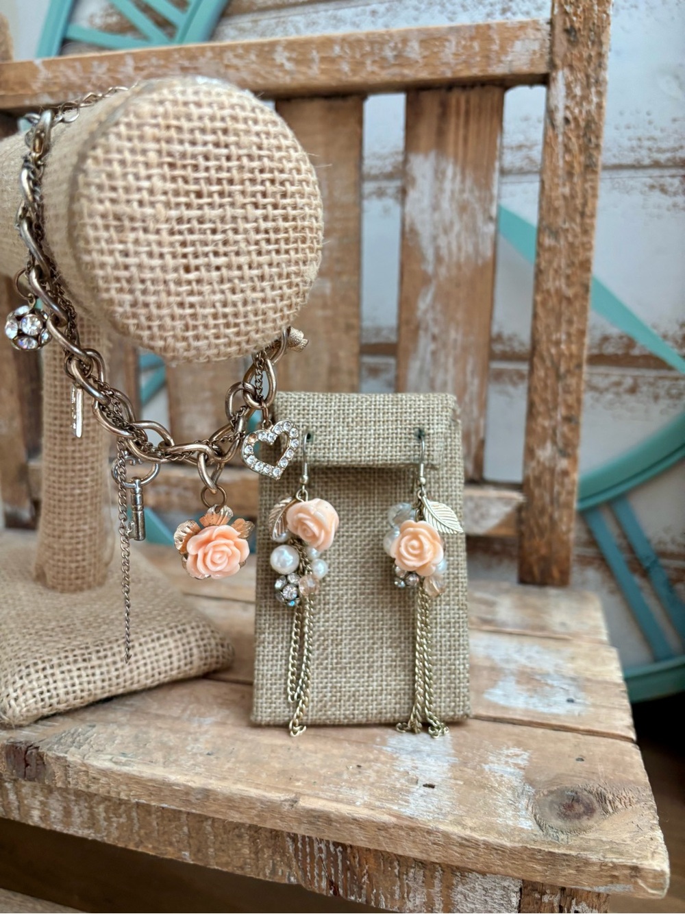 Lovely SAQ Vintage Rose Earrings Matching Bracelet Set